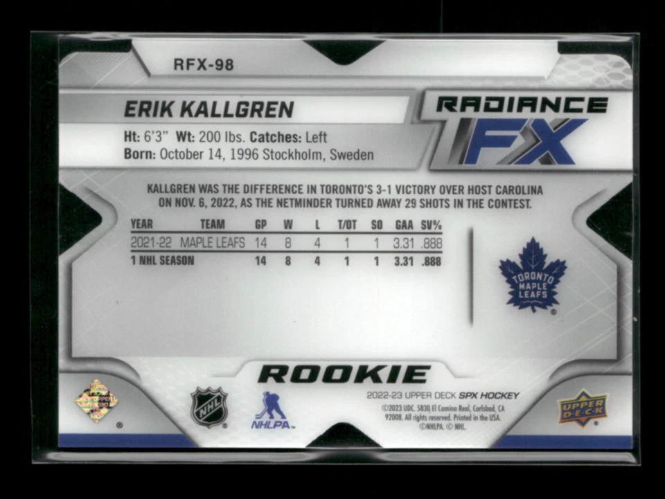 2022-23 SPx #RFX-98 Erik Kallgren Radiance FX Gold #/99 - Image 2 of 2