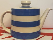 Kitsch T G Green Pottery Teapot Cloverleaf Cornishware Blue White Stripe England