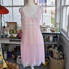 Vintage Pink Sheer Nylon Nightgown Floral Lace Trim Romantic Lingerie Small