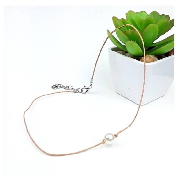 Faux Pearl Beige Cord Choker Necklace Handmade Boho Style