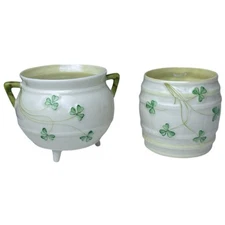 Vintage Belleek Irish Porcelain Shamrock Cauldron Sugar Pot & Barrel Jar Marked