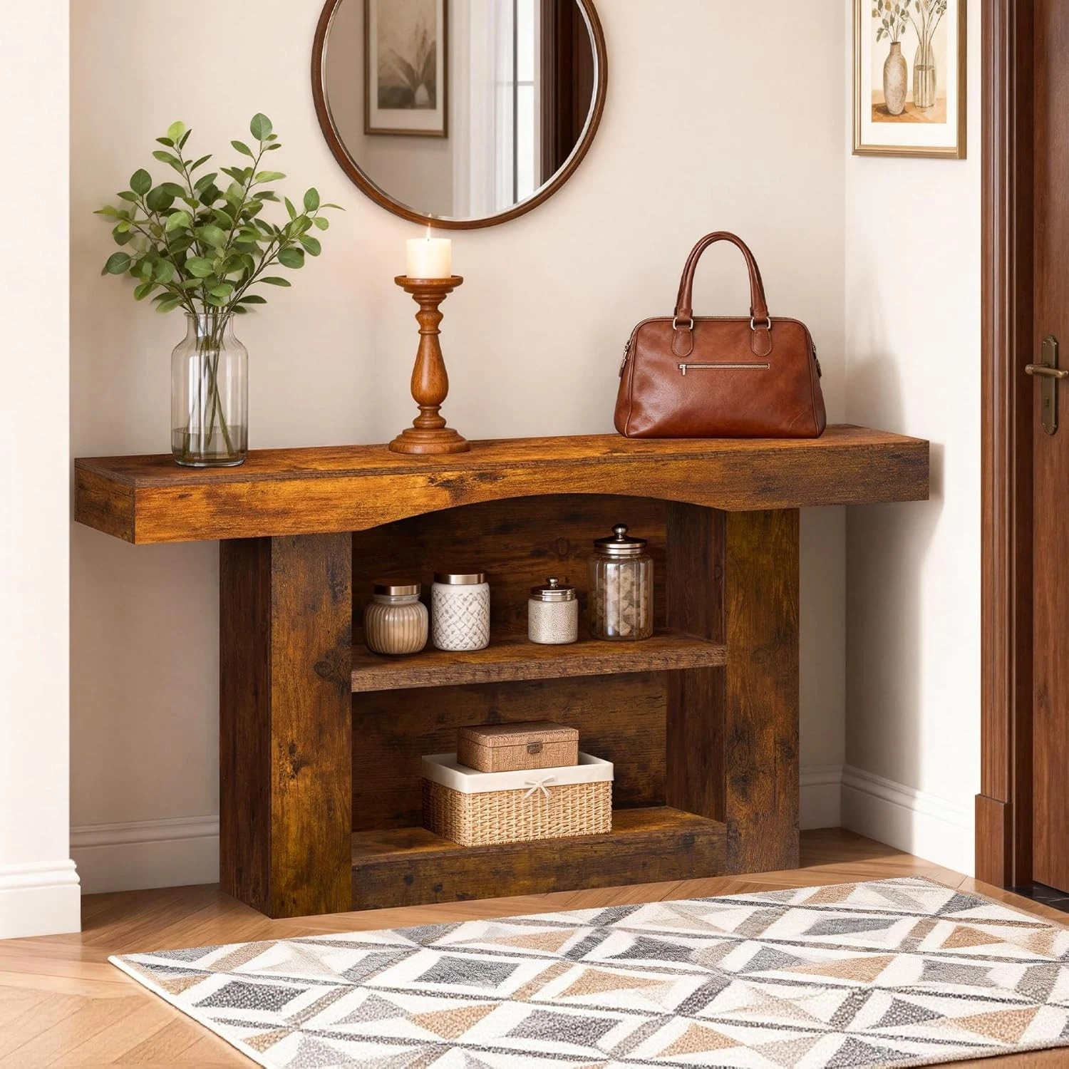 63 Inch Entryway Table Three-Shelf Cabinet Console Table with Socket Sofa Table