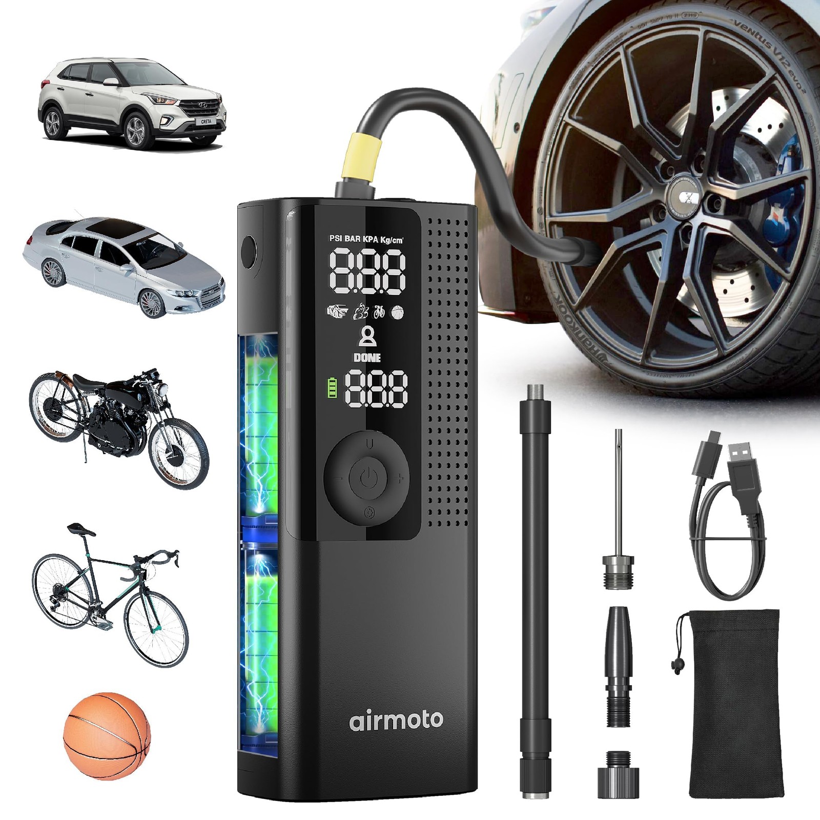 Portable Tire Inflator Air Compressor 120 PSI Digital Car Bike Pump w/ LED
