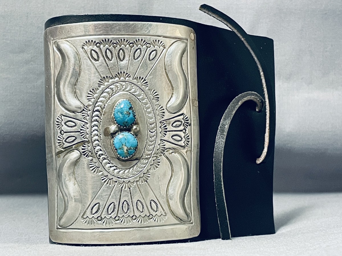 Impressive Vintage Native American Navajo Old Kingman Turquoise Sterling Silver Bowguard Impressive Vintage Native American Navajo Old Kingman Turquoise Sterling Silver Bowguard