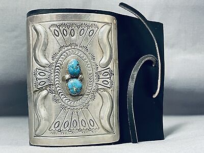 Impressive Vintage Native American Navajo Old Kingman Turquoise Sterling Silver Bowguard Impressive Vintage Native American Navajo Old Kingman Turquoise Sterling Silver Bowguard
