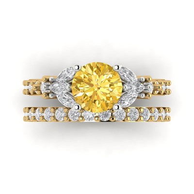 2.72ct Round Cut 3 stone Citrine Promise Bridal Ring set 14k 2 tone solid Gold