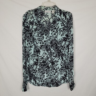 Vintage Jacklyn Smith 100% Silk Top Womens 8 Moody Floral Blue Black Button Up