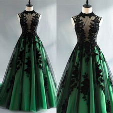 Gothic Green Wedding Dresses Black Tulle High Neck Lace Applique Bridal Gowns
