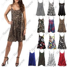 Womens Printed Cami Dress Flared Strappy Long Camisole Swing Mini Dress Vest Top