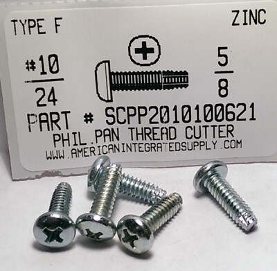 #10-24x5/8 Pan Phillips Thread Cutting Screws Type F Steel Zinc Plated (500)