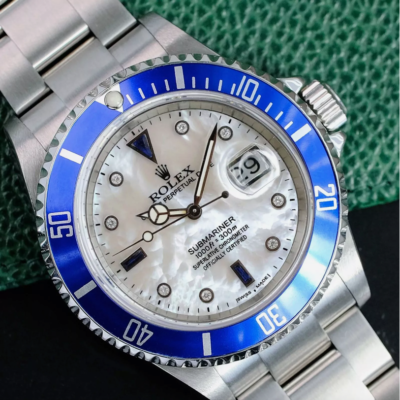 Rolex Submariner Date Mens Watch SS White MOP Dial Blue Insert