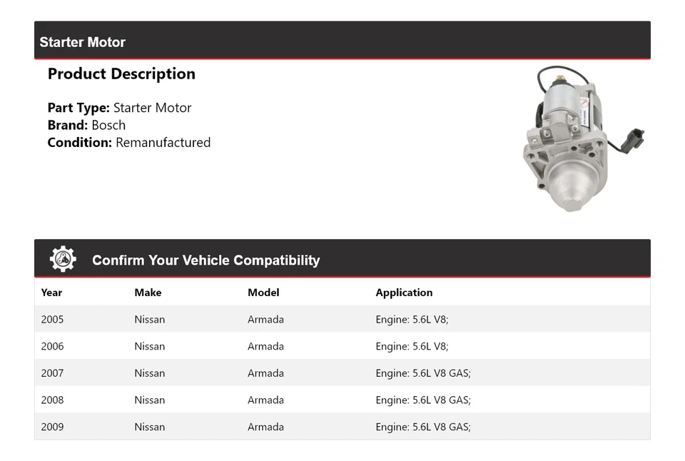 Para 2005-2009 Nissan Armada Bosch Starter (Remanufaturado) 2006 2007 2008 - Imagem 2 de 4