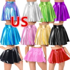 Womens Patent Leather Flared Skirt Wet-look Latex A-Line Party Mini Skirts