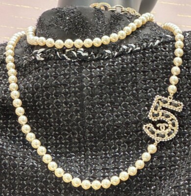 NEW Chanel 23P Gold CC Logo 5 Long Pearl Necklace Black Leather