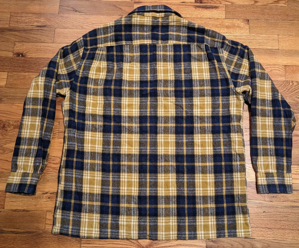 复古 JCPenney MW 法兰绒衬衫 - 男式大号 16-16 1/2 - 韩国格子黄色蓝色 — 第 2/4 张图片