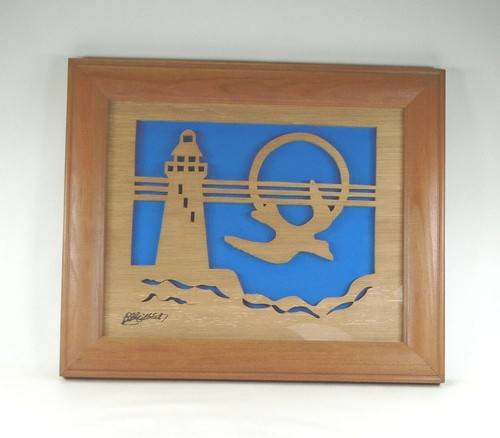 Arte in legno vintage FARO INCORNICIATO SCENA GABBIANO taglio laser legno decorazione parete sc - Foto 1 di 4