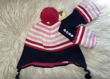 NWT BABY GAP GIRLS 12-18 MONTHS WINTER HAT AND MITTENS MITTS PINK STRIPED POM PO