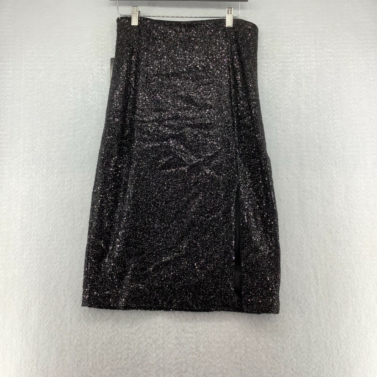 Express Womens Side Slit Knee Length Sequin Black Straight Pencil
