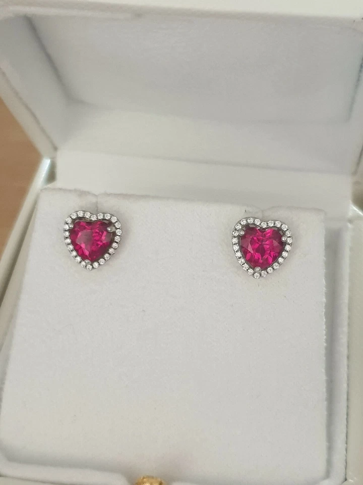 White gold finish heart red ruby and created diamond stud earrings gift boxed  - Image 2 of 3