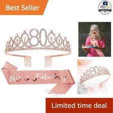 80th Birthday Sash And Tiara Set Rose Gold Glitter Rhinestone Adjustable