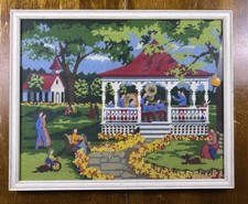 Vintage Framed Needlepoint Completed Canvas Early American Scene