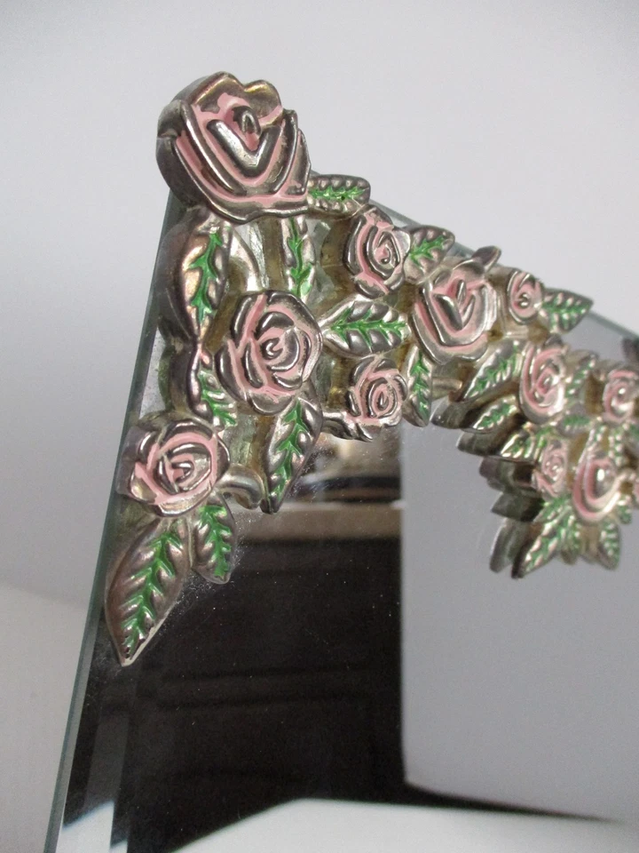 Vtg Enamel Flowers Vanity Mirror Beveled French Lk Pink Floral Tabletop Dresser - Image 2 of 4