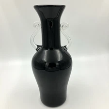 Blenko Glass Ebony 14" Vase w Applied Clear Scroll Handles 1999-2000 #9733 Read
