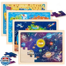 Wooden Puzzles for Kids Age 3 4 5 Year Old, 4 Pack 24 Pcs Toddler Jigsaw Puzz