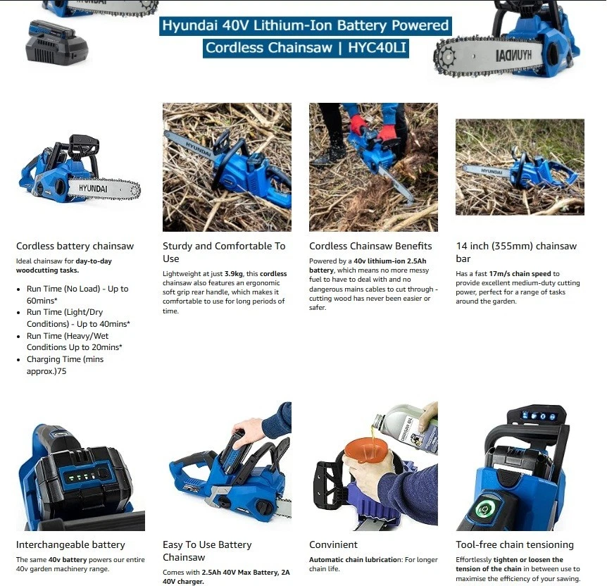 Hyundai Cordless Chainsaw 14 inch 40v 2.5 Ah Li-ion Battery & Charger included - Image 3 of 4