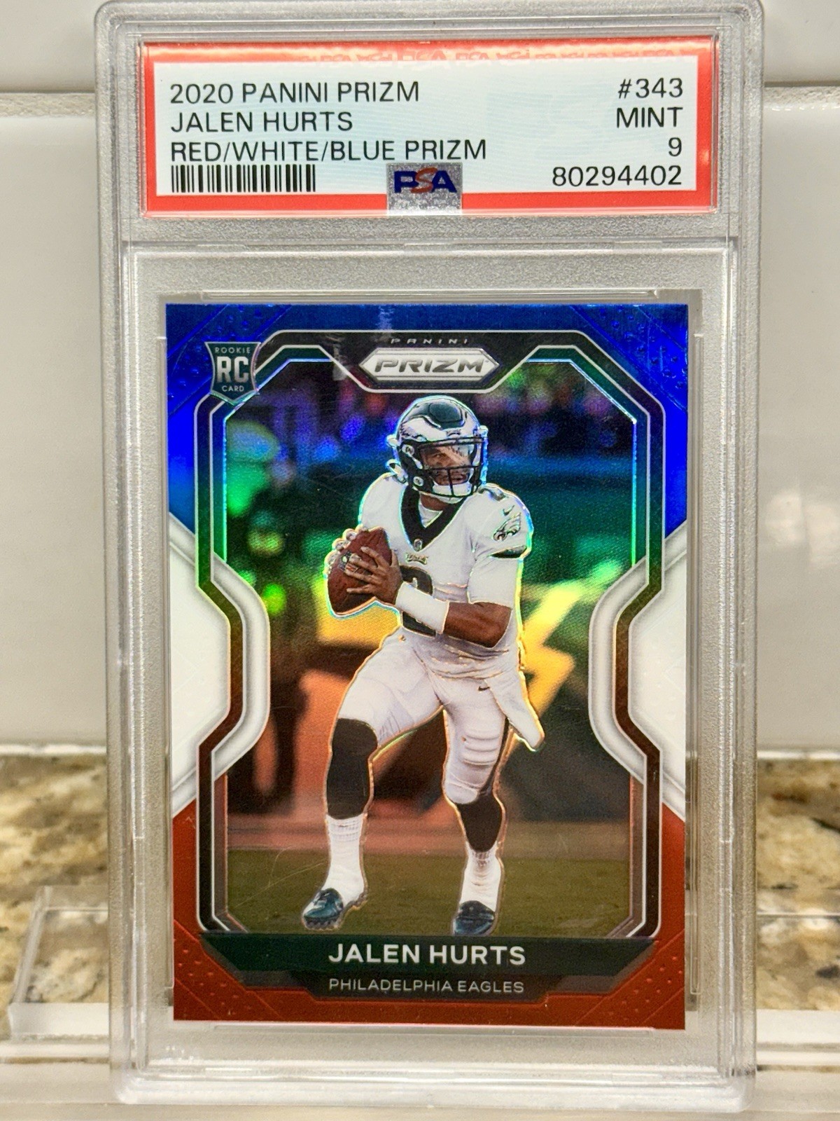 2020 Panini Prizm Jalen Hurts Rookie #343 Red White Blue Prizm (RC) PSA 9