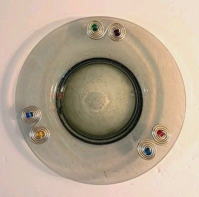 Gray Smoked Glass Plate Trinket Dish Wire Wrapped Bead Accents 9.5'' Round 90's 