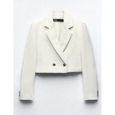 Zara Women Off White Textured Tweed Cropped Double Breasted Blazer Jacket XS