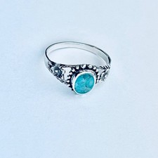 Sterling Silver Oval Genuine Turquoise Ring with Flowers, Dainty Stone Rings