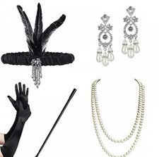 1920s Gatsby Accessories Lace Set Flapper Costume Headband Feather Bead Style3