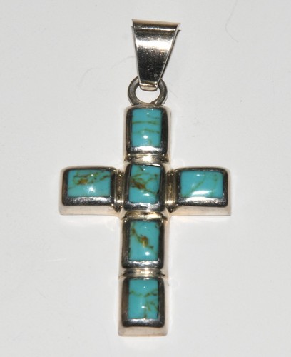 Taxco Mexico Sterling Silver & Turquoise Cross Pendant