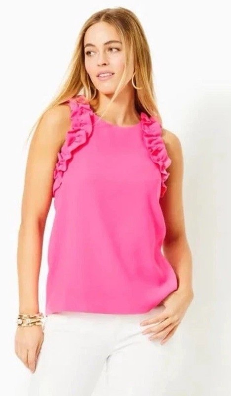 Lilly Pulitzer Kailee Sleeveless Ruffle Top Pink Crepe Crew Neck Sz XL NWT