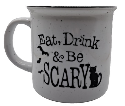 Eat Drink And Be Scary Stoneware Coffee Mug Cup Halloween Black Cat Bats 3.5''