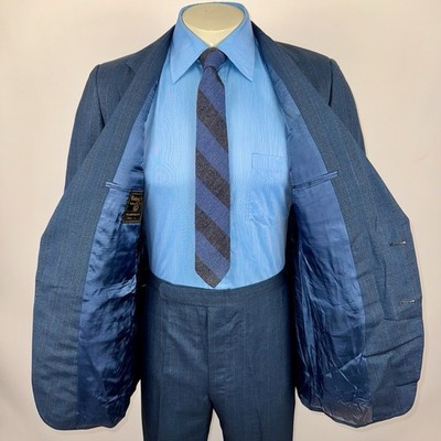 Vtg 1960s Botany Suit Mens 42 Long Jacket 36 Pants Unhemmed Blue Striped MCM NOS