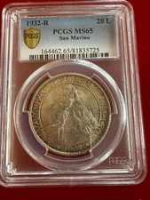 1932 San Marino 20 lire R MS65 PCGS silver coin - Hard To Fine At This Grade