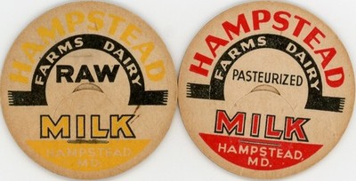 2 diff. Milk Caps - Hampstead Farms Dairy - Hampstead, MD (Maryland)- RAW & REG.