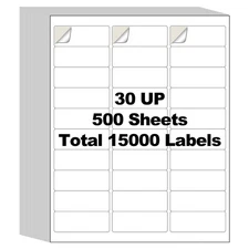 500 Sheets 15000 Address Labels, 30-UP 1" x 2-5/8" Sticker Papers for Laser a...