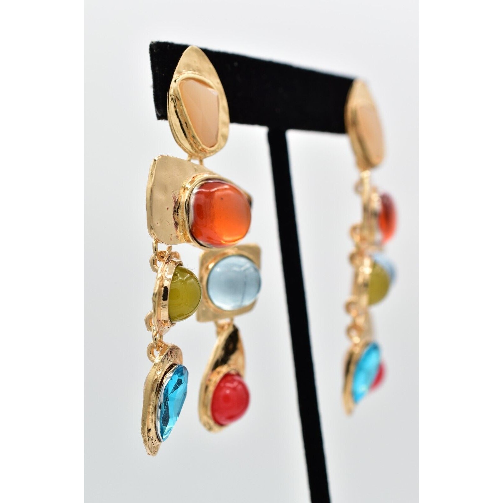Statement Multi-Stone Drop Earrings Cabochon Crys… - image 4