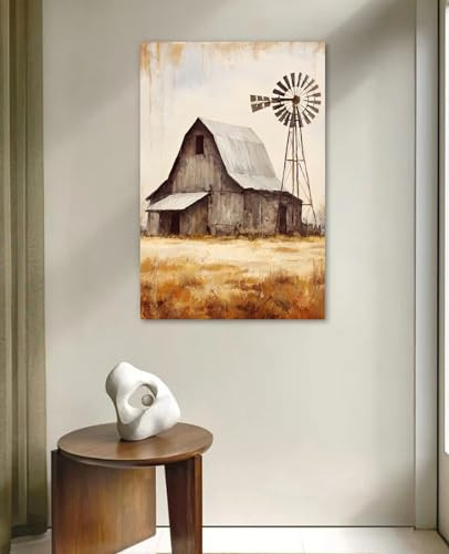 Rustic Farmhouse Wall Art Old Barn Picture Canvas Print Windmill Painting - Picture 5 of 7