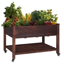 47 In. X 23 In. X 33 In. Brown Wooden Raised Garden Bed with Lockable Wheels and