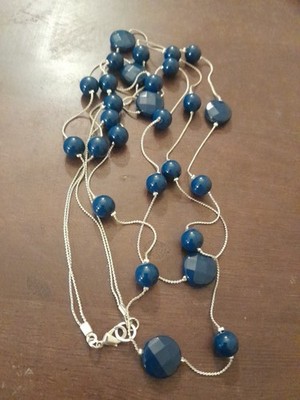 Two Long Strands Blue Acrylic Beaded And Silver Tone Chain Necklace
