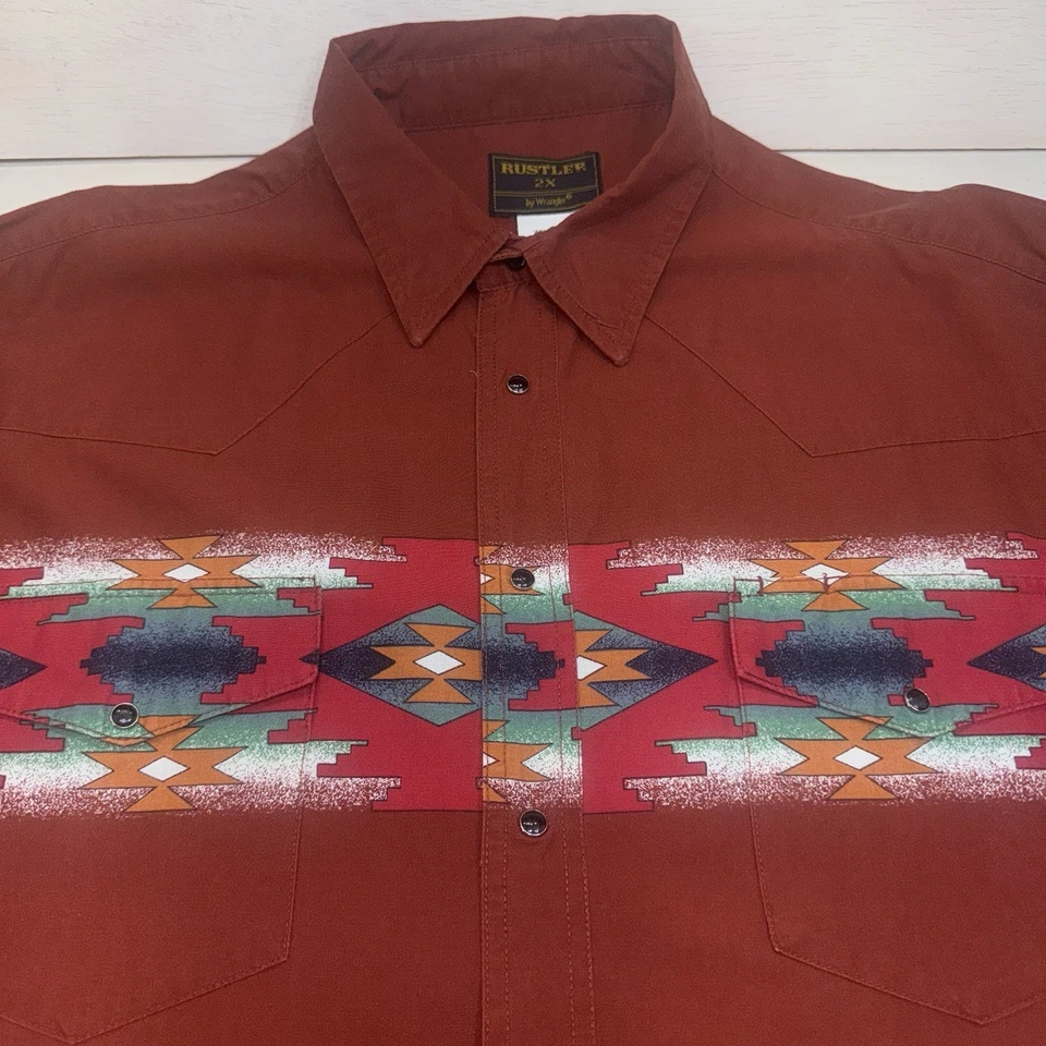 Vtg Rustler By Wrangler Shirt Mens  2X Aztec Western Pearl Snap Southwest - Image 3 of 4