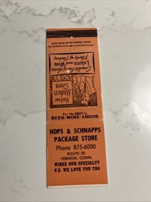 Hops & Schnapps Package Store Vernon Connecticut Liquor Beer Matchbook Cover