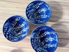 Set of 3 I.B. Remsen Art Pottery Stoneware Blue Bowls 7.25” Signed