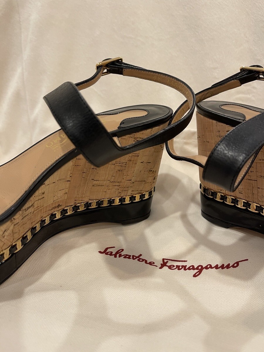 SALVATORE FERRAGAMO MOLLIE Black Leather Sling Cork Wedge