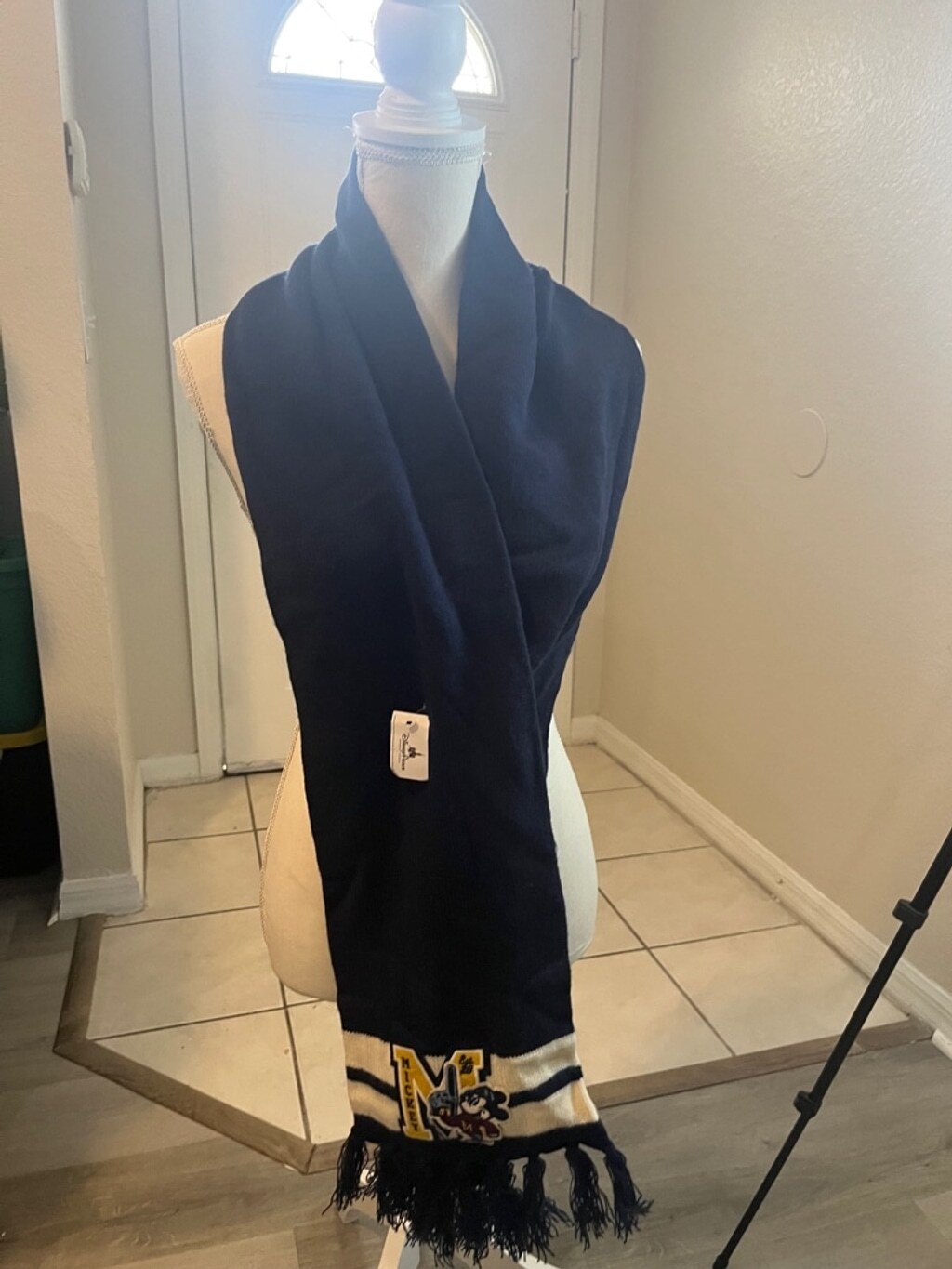 NWT Disney Parks Navy Blue White Winter Scarf with Mickey Mouse M Logo